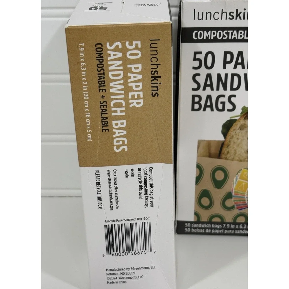 100ct Lunchskin Recyclable + Sealable Paper Sandwich Bags Avocado Print
